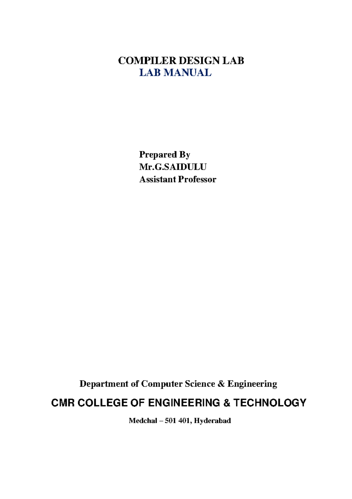 CD Lab Manual: Compiler Design Experiment & Implementation Details ...