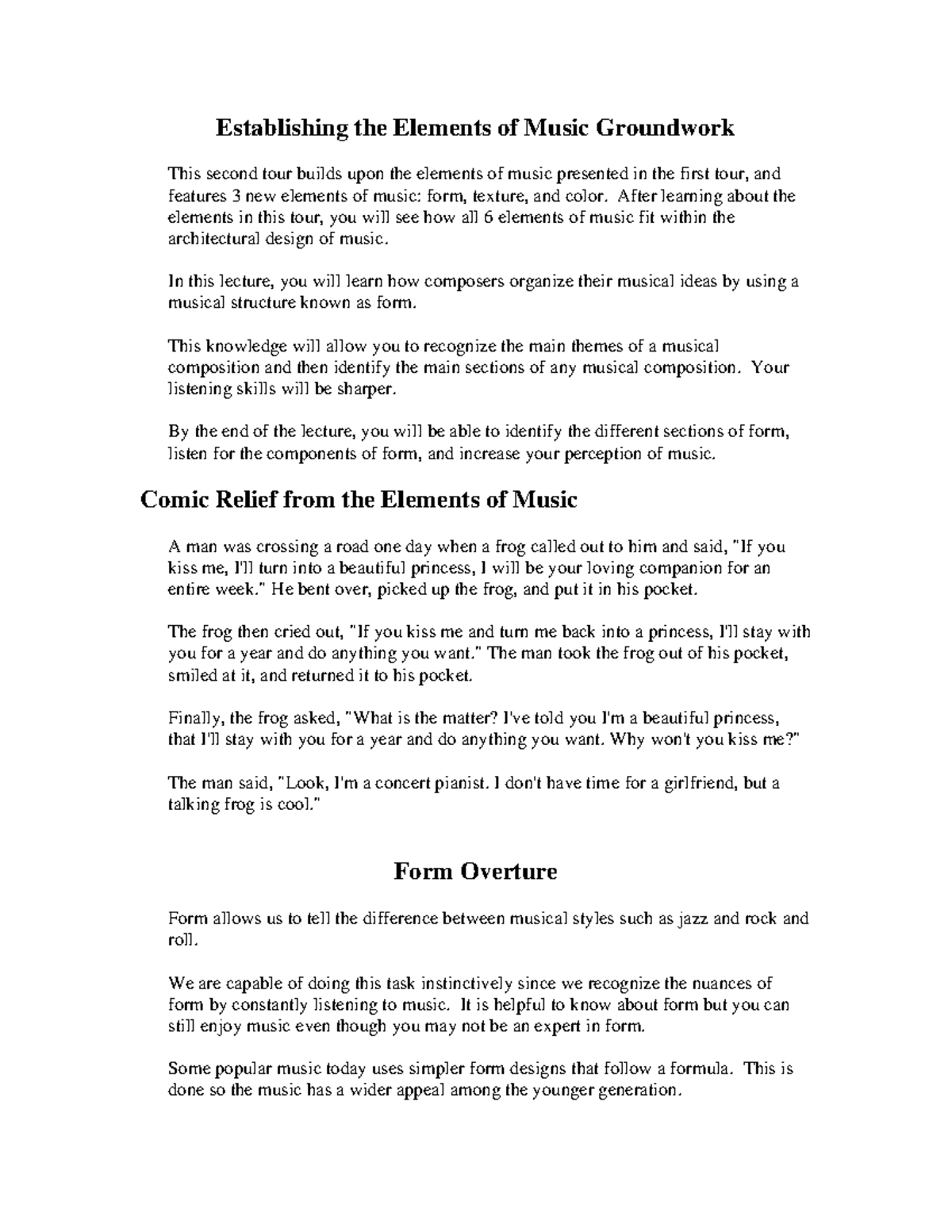 Lecture Notes Part 5 - Establishing the Elements of Music