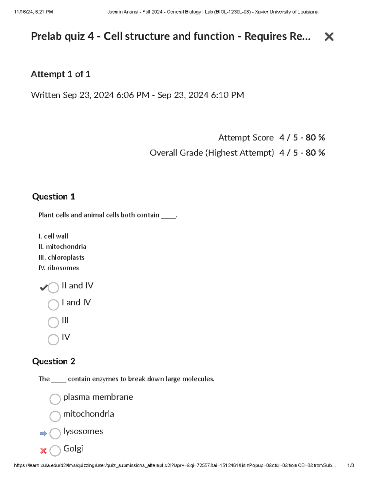 Prelab Quiz 4: Exploring Cell Structure & Function - BIOL-1230L-08 ...