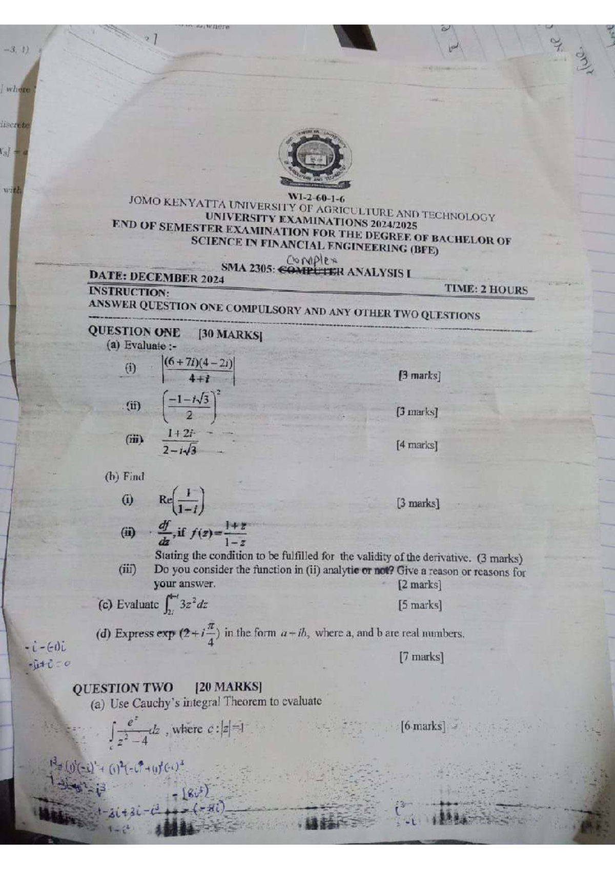 SMA 2305: Complex Analysis I - University Exam Papers - Studocu