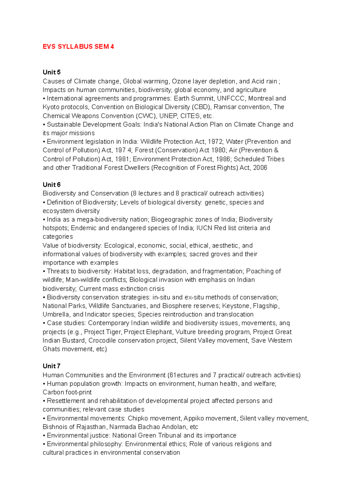 EVS Syllabus for Semester 4: Topics on Climate Change & Biodiversity ...