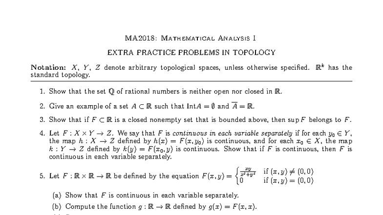 MA2018: Mathematical Analysis I - Topology Extra Practice Problems ...