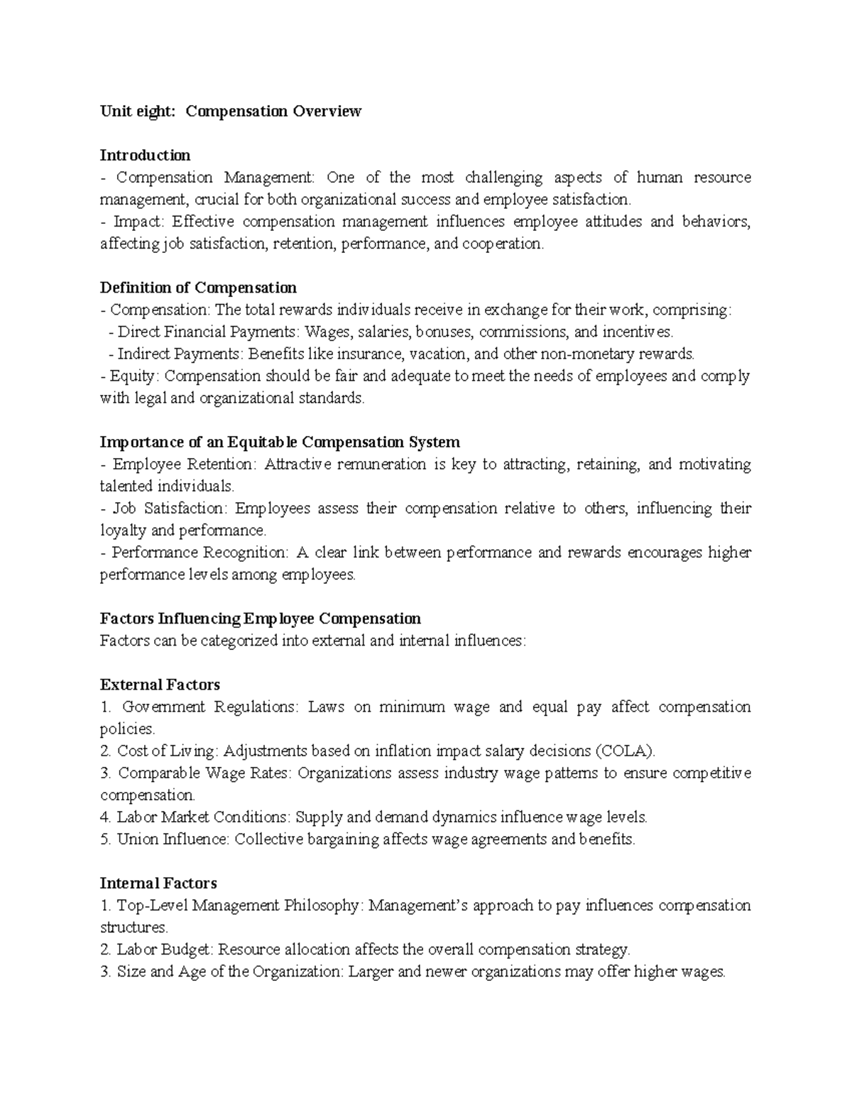 Unit 8: Compensation Management Overview and Key Factors - Studocu