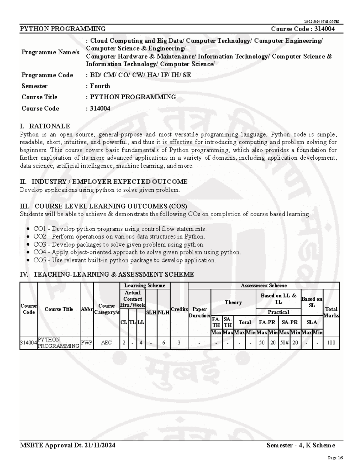 Python Programming Course Code: 314004 - K-Scheme Syllabus Overview ...