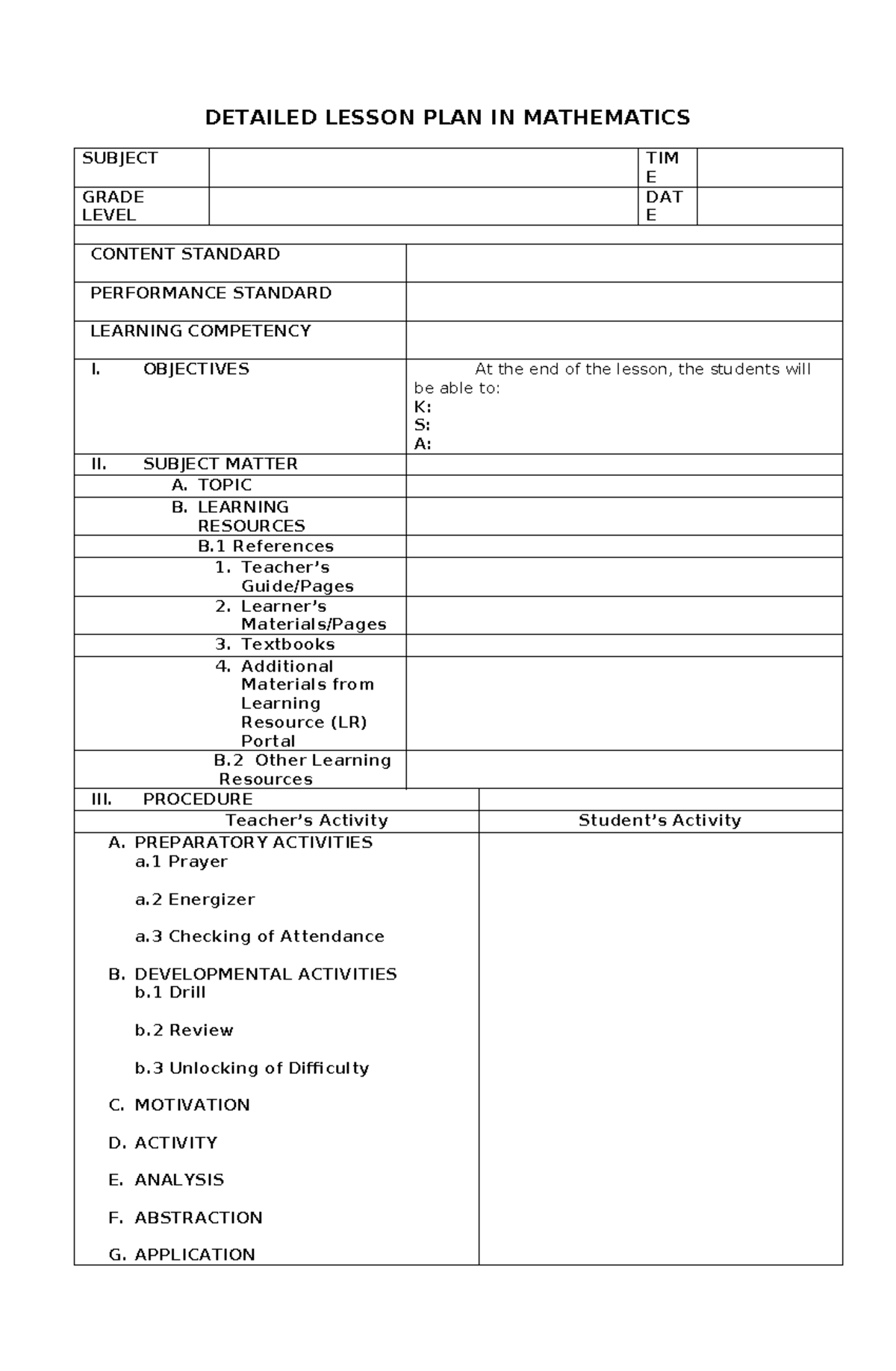 Detailed Lesson Plan in Mathematics - Grade Level Overview - Studocu