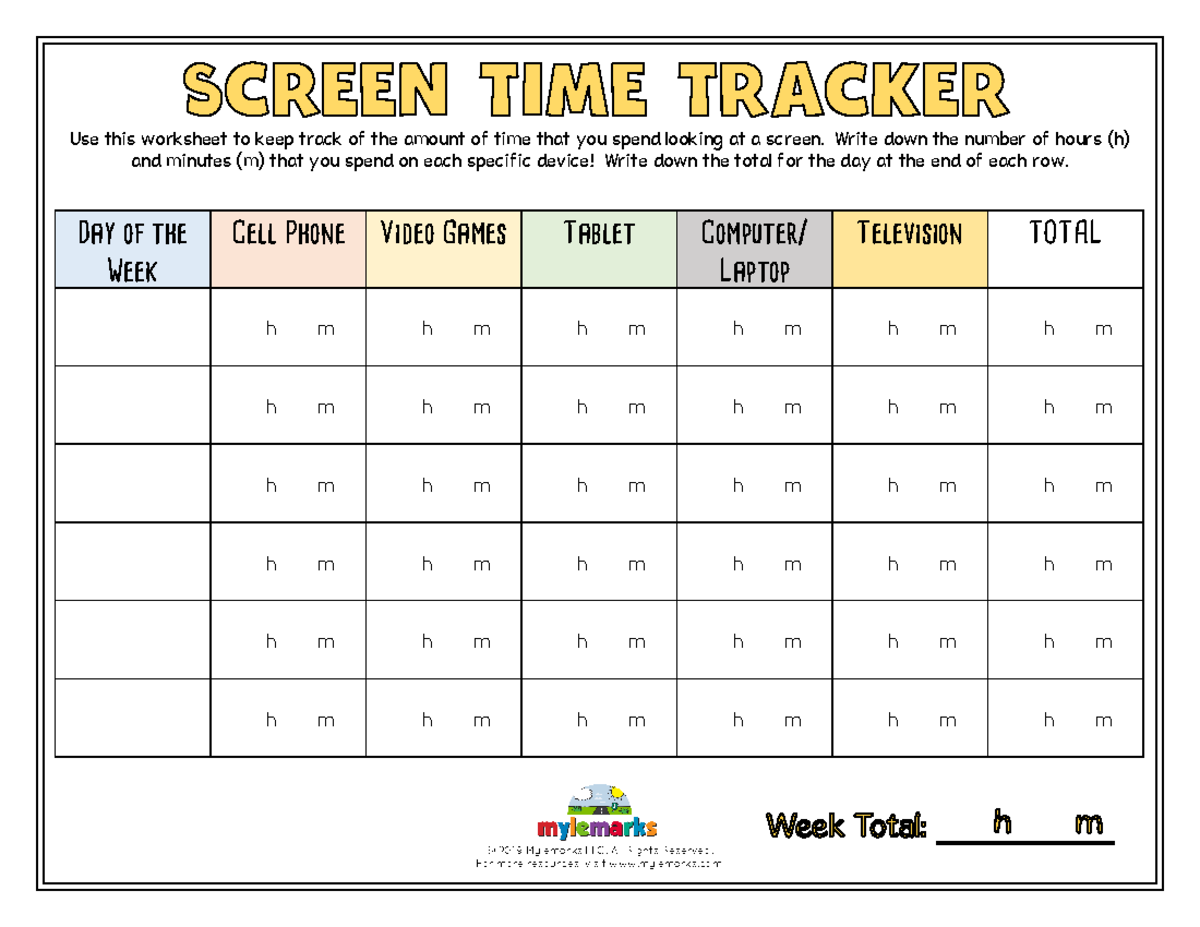 Electronics Screen Time Tracker Worksheet - Mylemarks LLC - Studocu