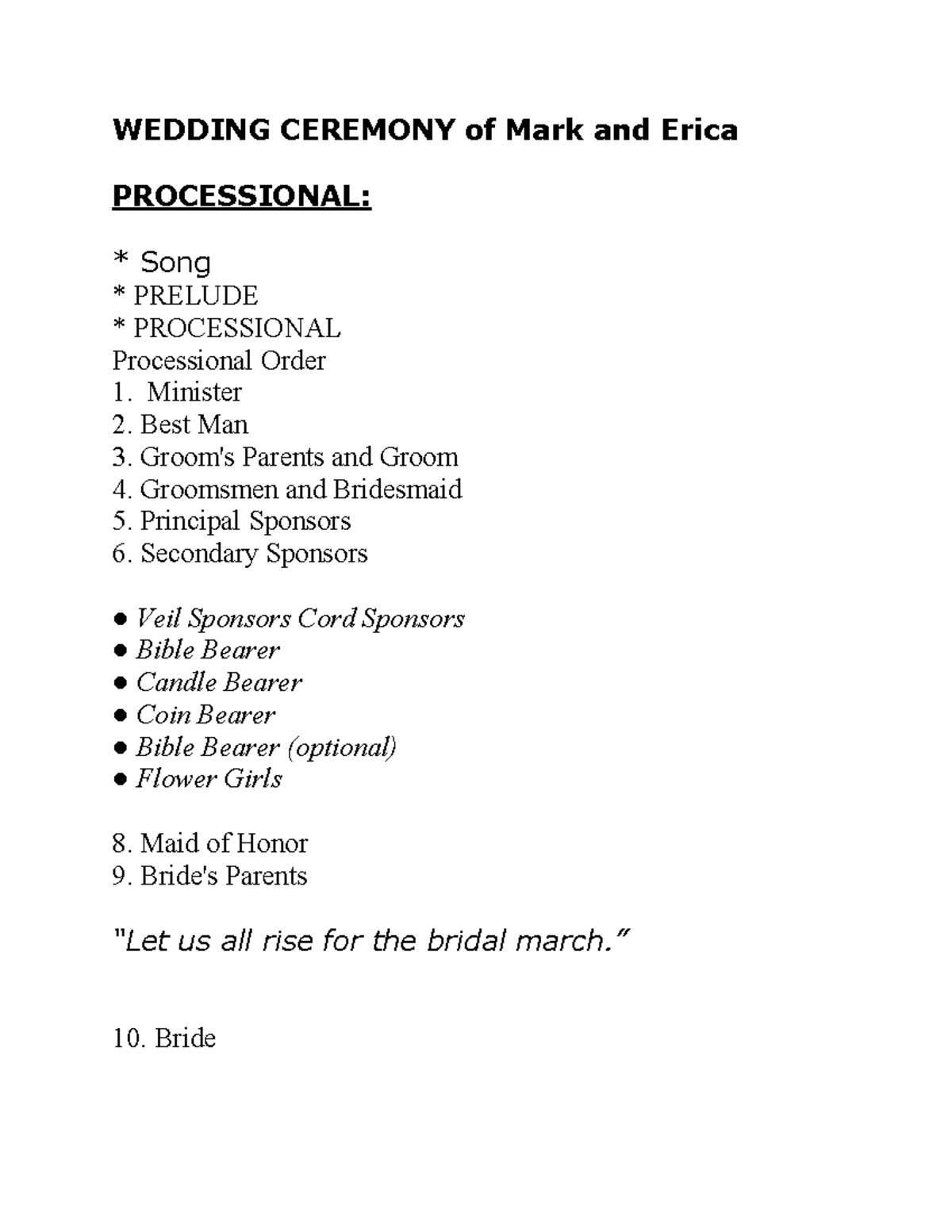 Wedding ceremony of Mark and Erica: processional and vows details - Studocu