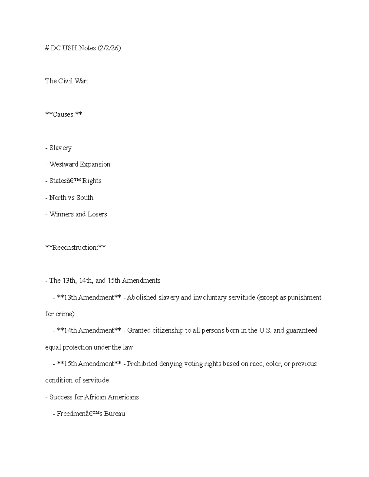 DC USH Chapter 16 Notes: The Civil War and Its Aftermath - Studocu