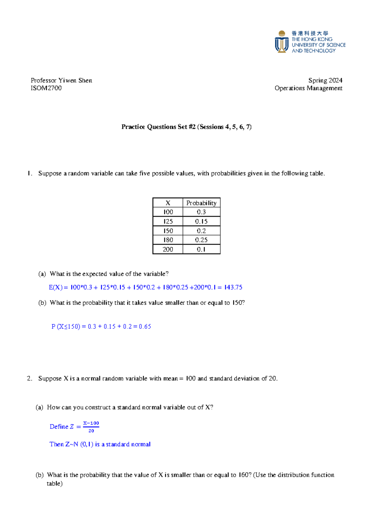 ISOM2700 Spring 2024 Practice Set 2 Solutions and Analysis - Studocu