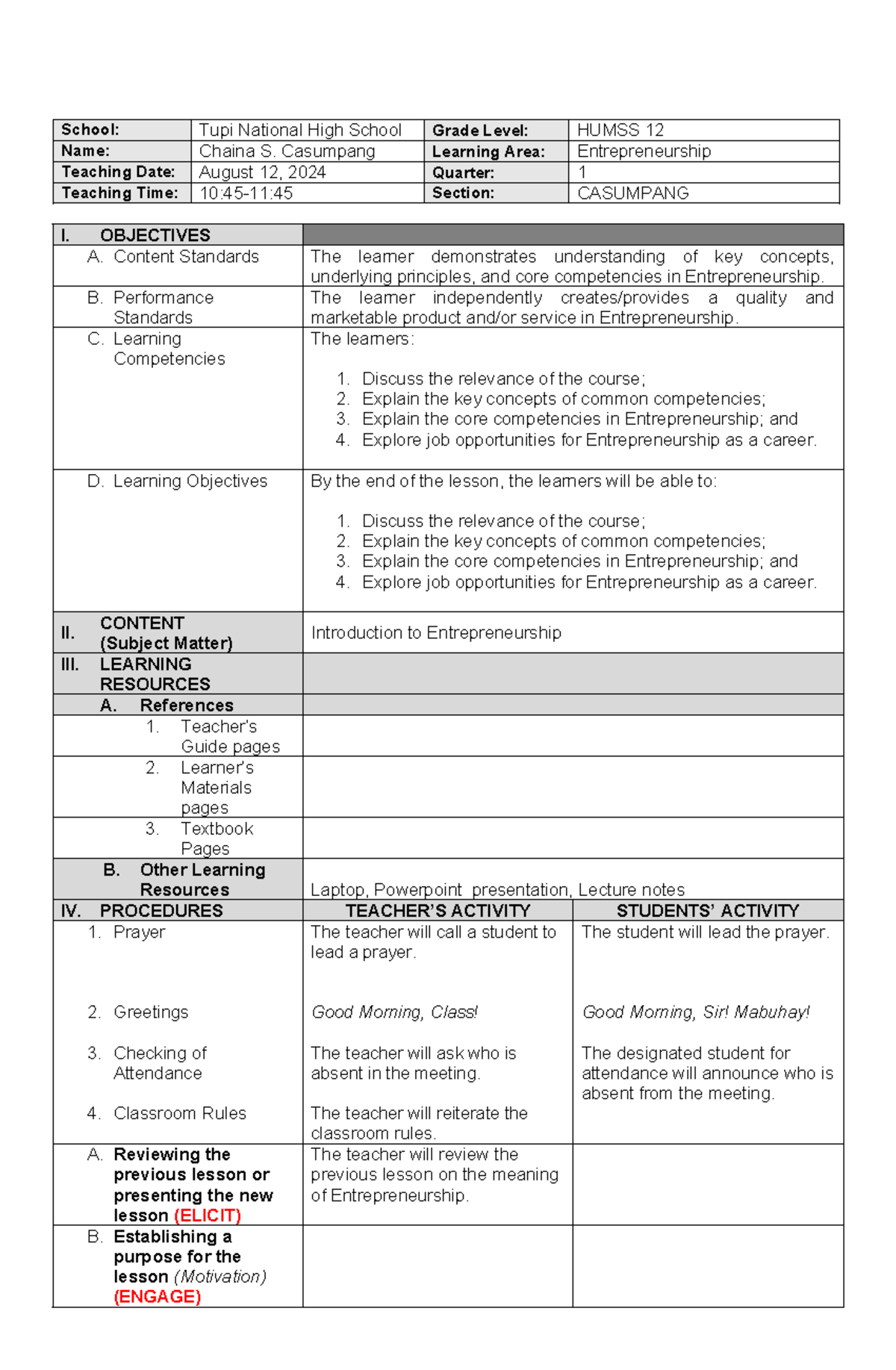 LP Entrepreneurship - Lesson Plan for Grade 12 1st Quarter - Studocu