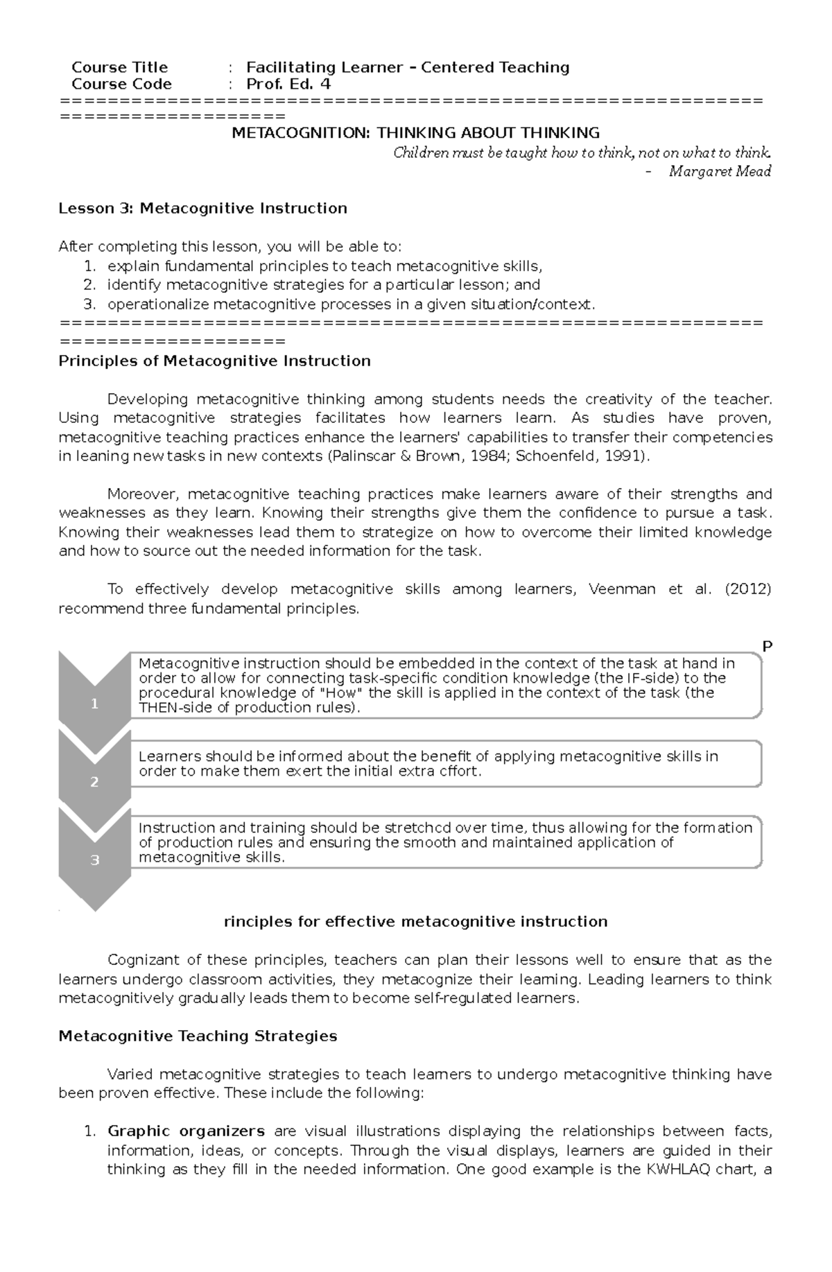Enhancing Metacognitive Skills Through Instruction in Prof. Ed. 4 - Studocu