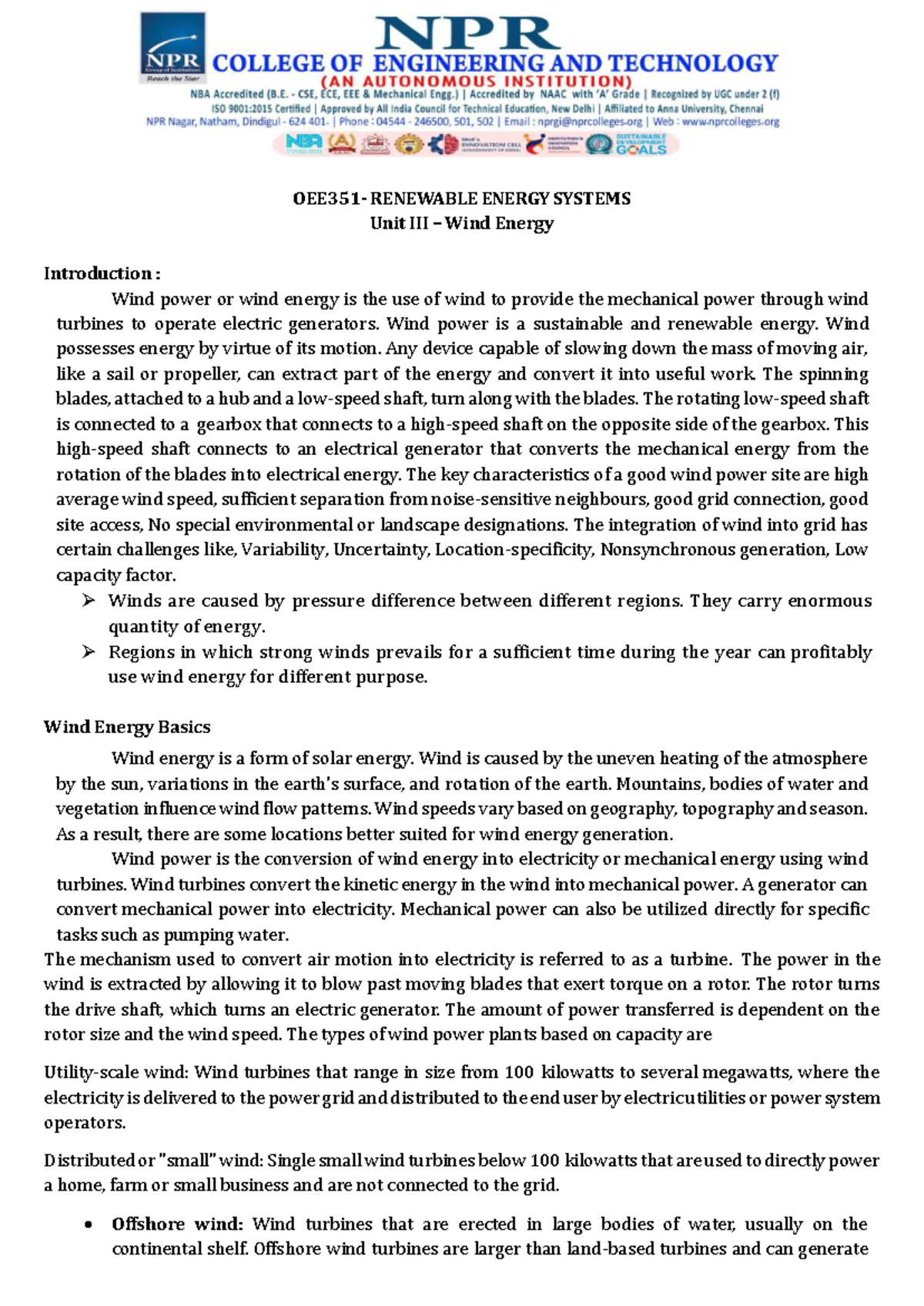 OEE351 RES Unit 3 & 4 - It is a document - OEE351- RENEWABLE ENERGY ...