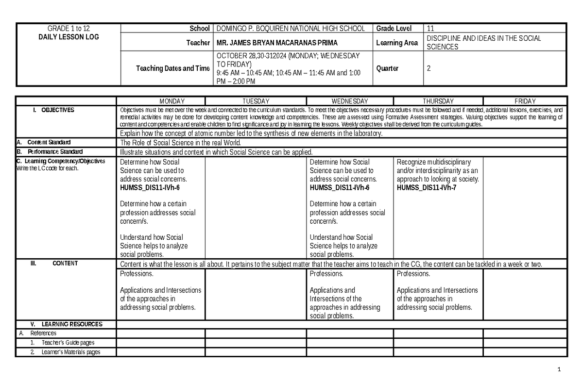 DISS DLL OCT 28-31, 2024 - LESSON LOG FOR SOCIAL SCIENCES GRADE 11 ...