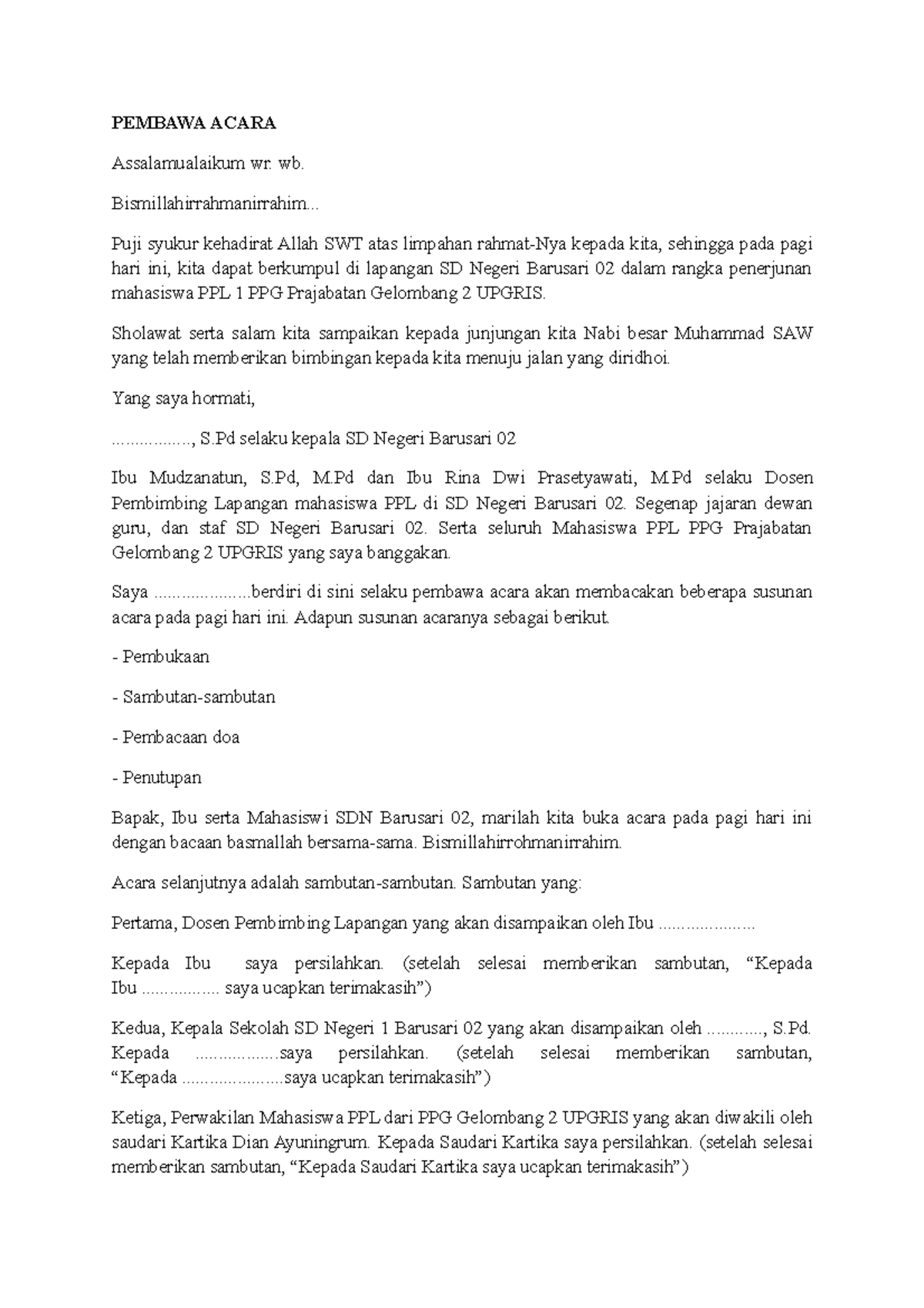 Susunan Acara Penerjunan PPL 1 PPG Prajabatan Gelombang 2 UPGRIS - Document Preview