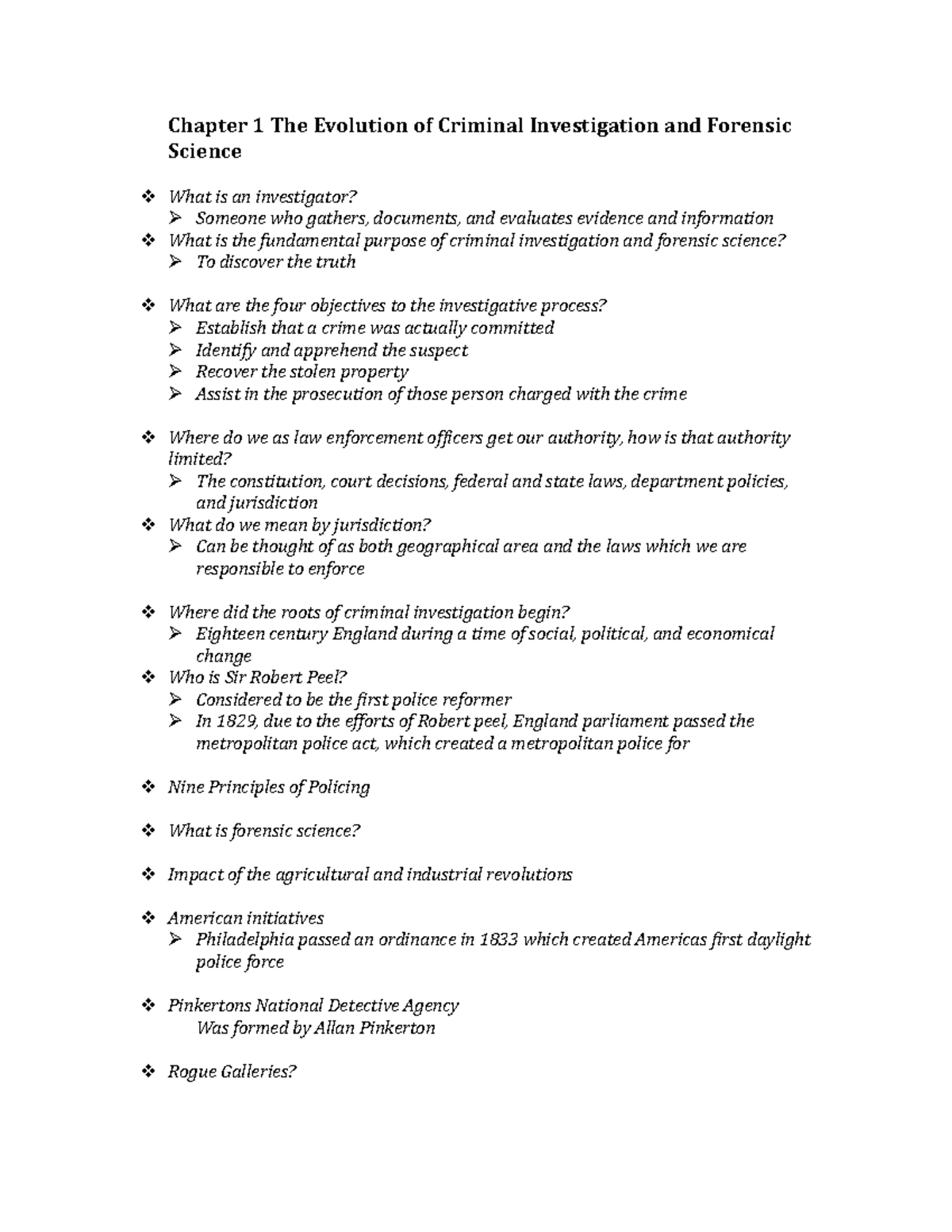 Notes - Chapter 1 The Evolution of Criminal Investigation and Forensic ...