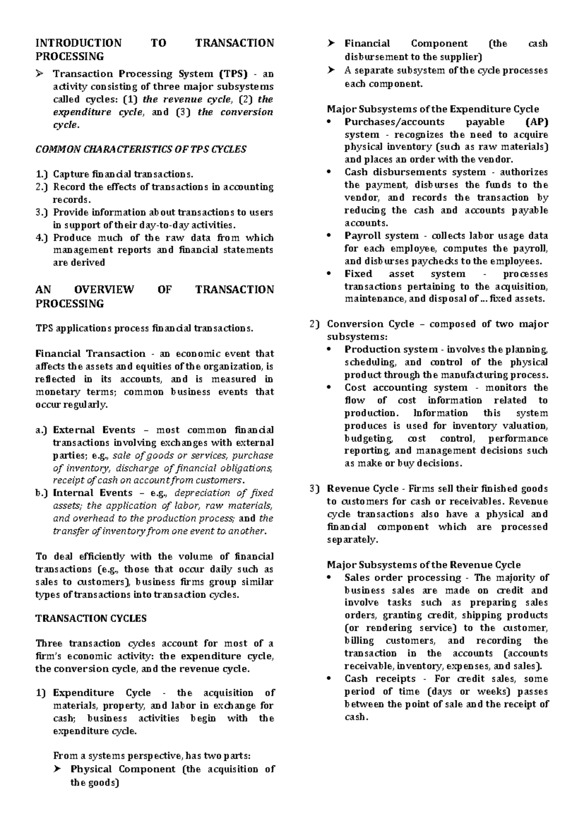 AIS 202 Chapter 2 Review Notes: Transaction Processing Systems - Studocu