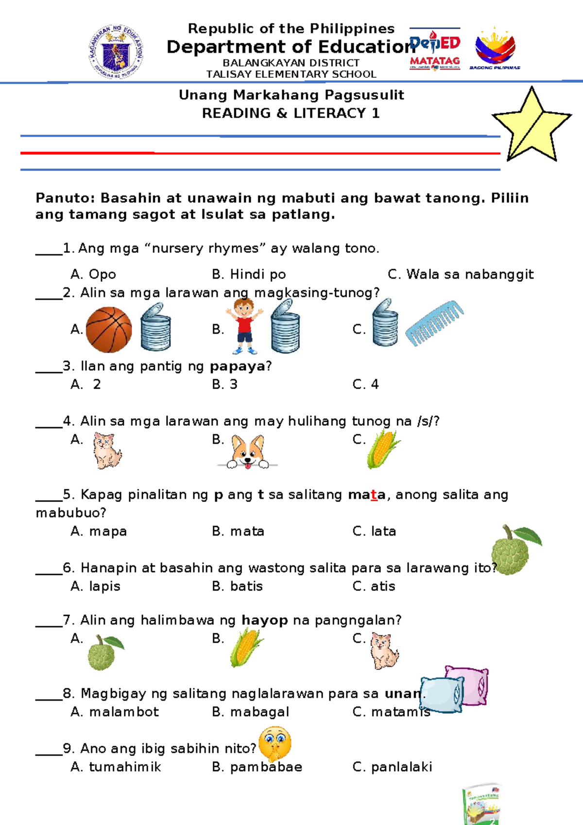 Q1 READING LITERACY 1 PT GRADE 1: Unang Markahang Pagsusulit - Studocu