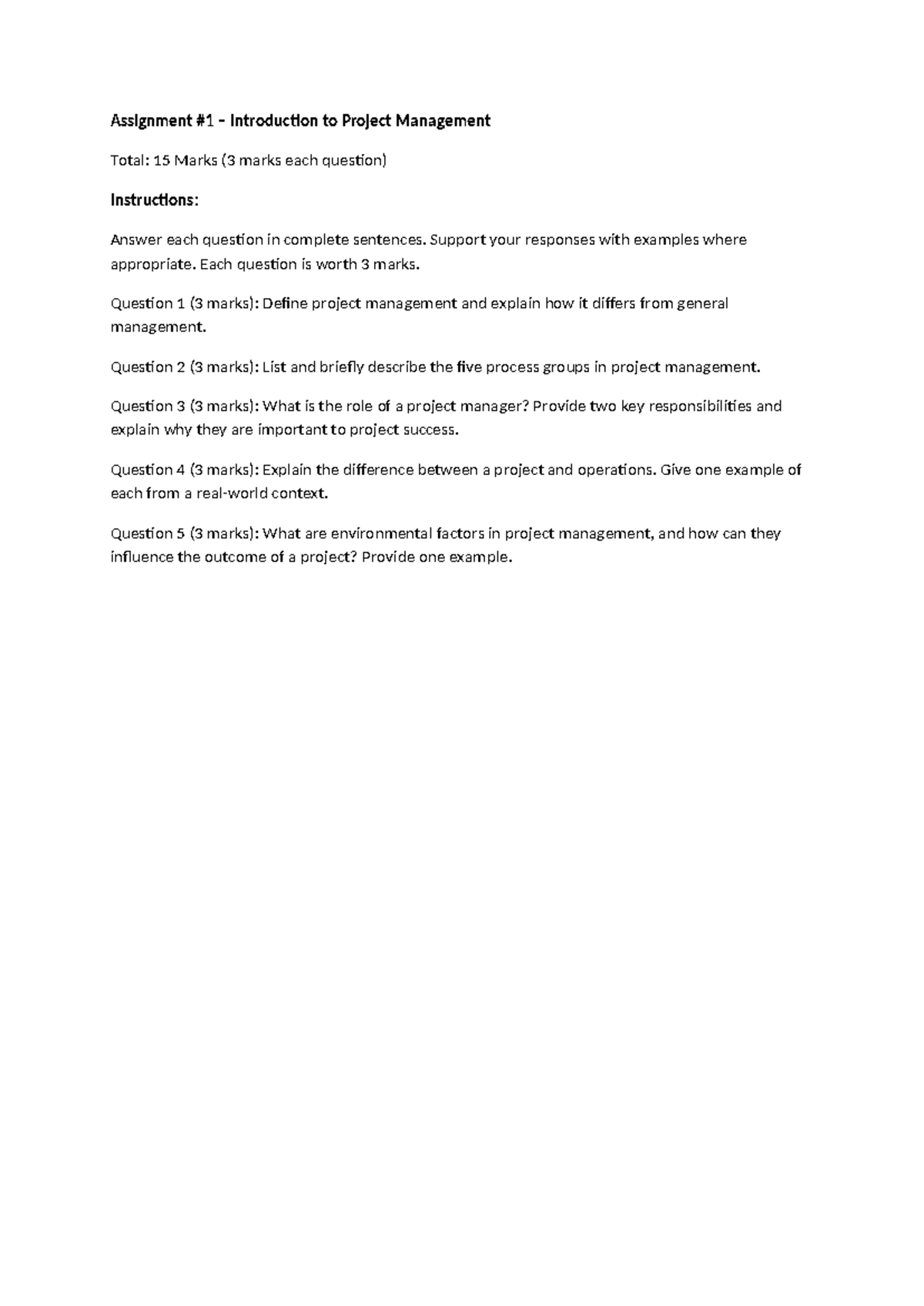 Assignment #1: Intro to Project Management (15 Marks) - Studocu