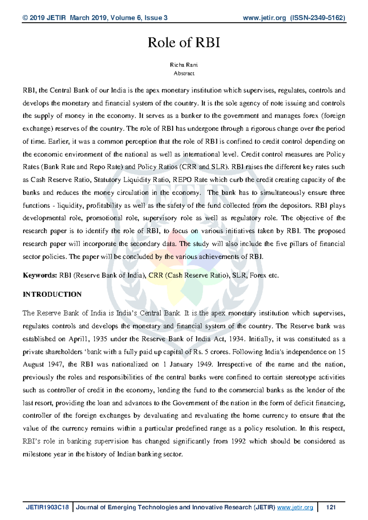 JETIR1903C18: The Evolving Role of RBI in India's Financial System ...