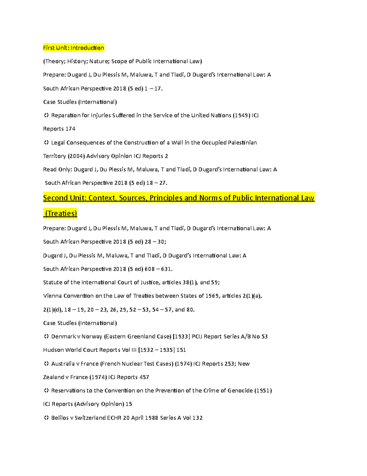 Public International Law - First Unit Overview and Case Studies - Studocu