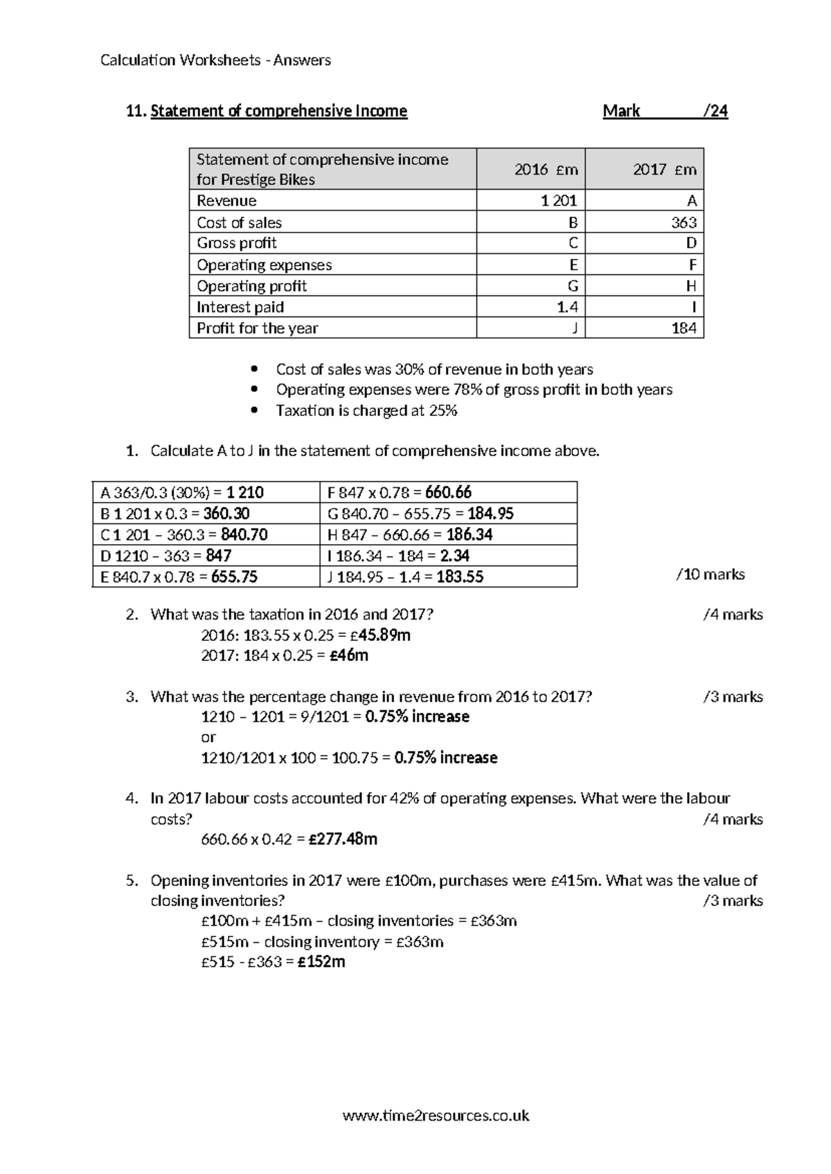11 Statement of comprehensive income Answers - Calculation Worksheets ...