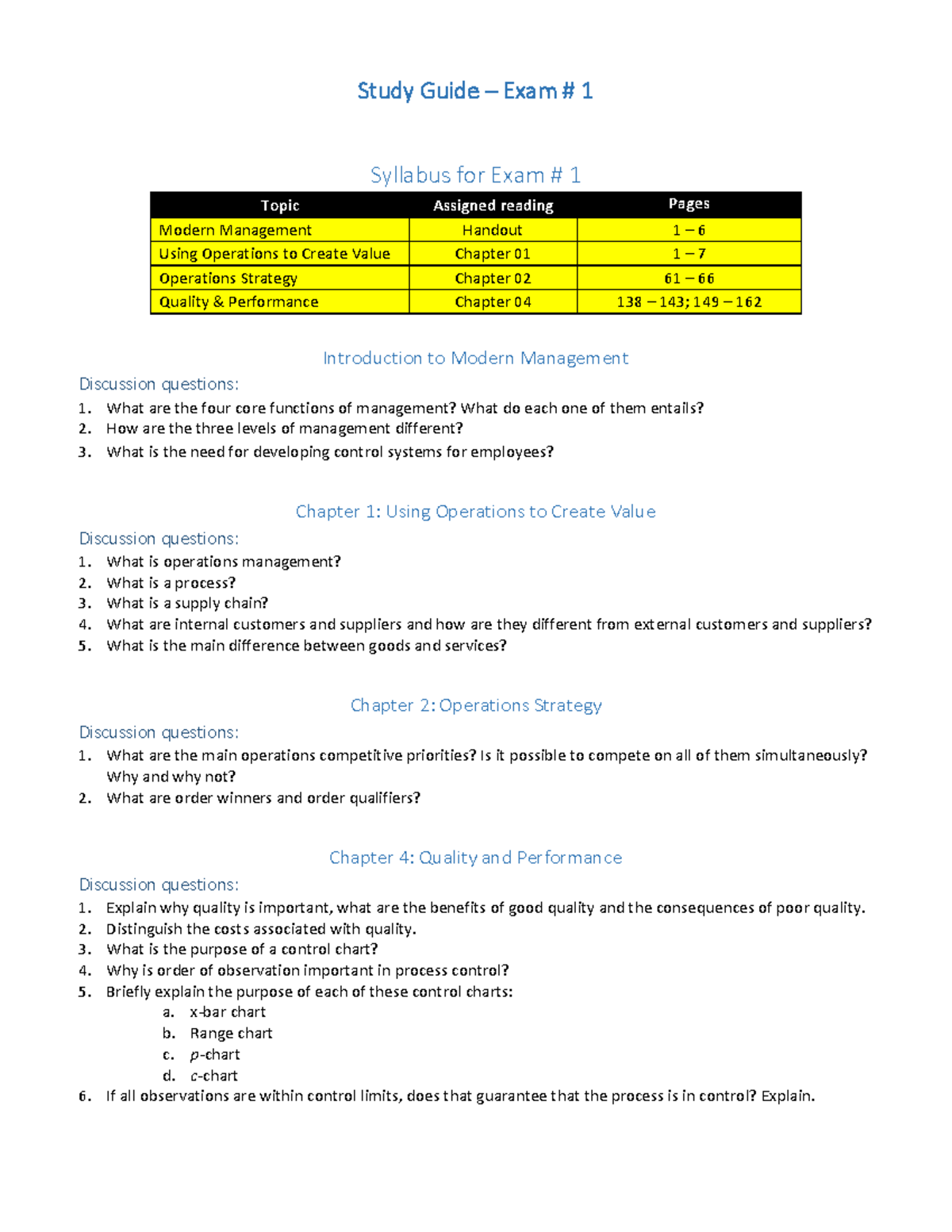 Study Guide for Exam 1: Modern Management & Operations Strategy - Studocu