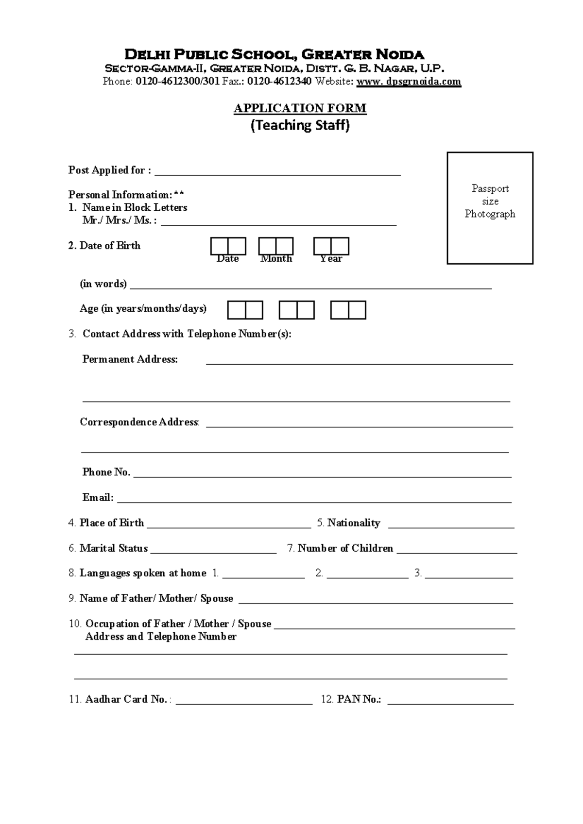DPS Greater Noida Teaching Staff Application Form - Studocu