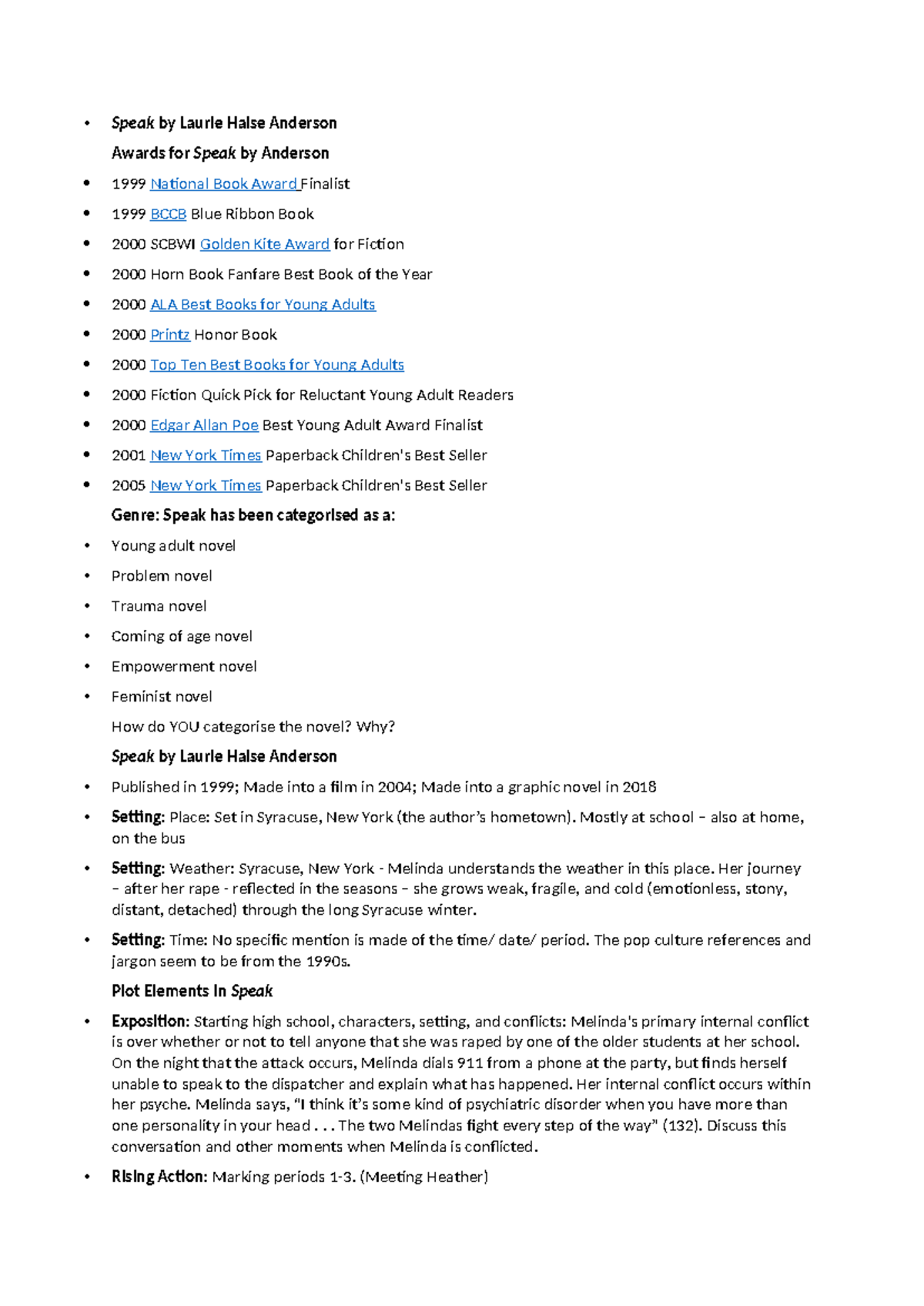 Notes on "Speak" by Laurie Halse Anderson: Themes, Characters, and ...