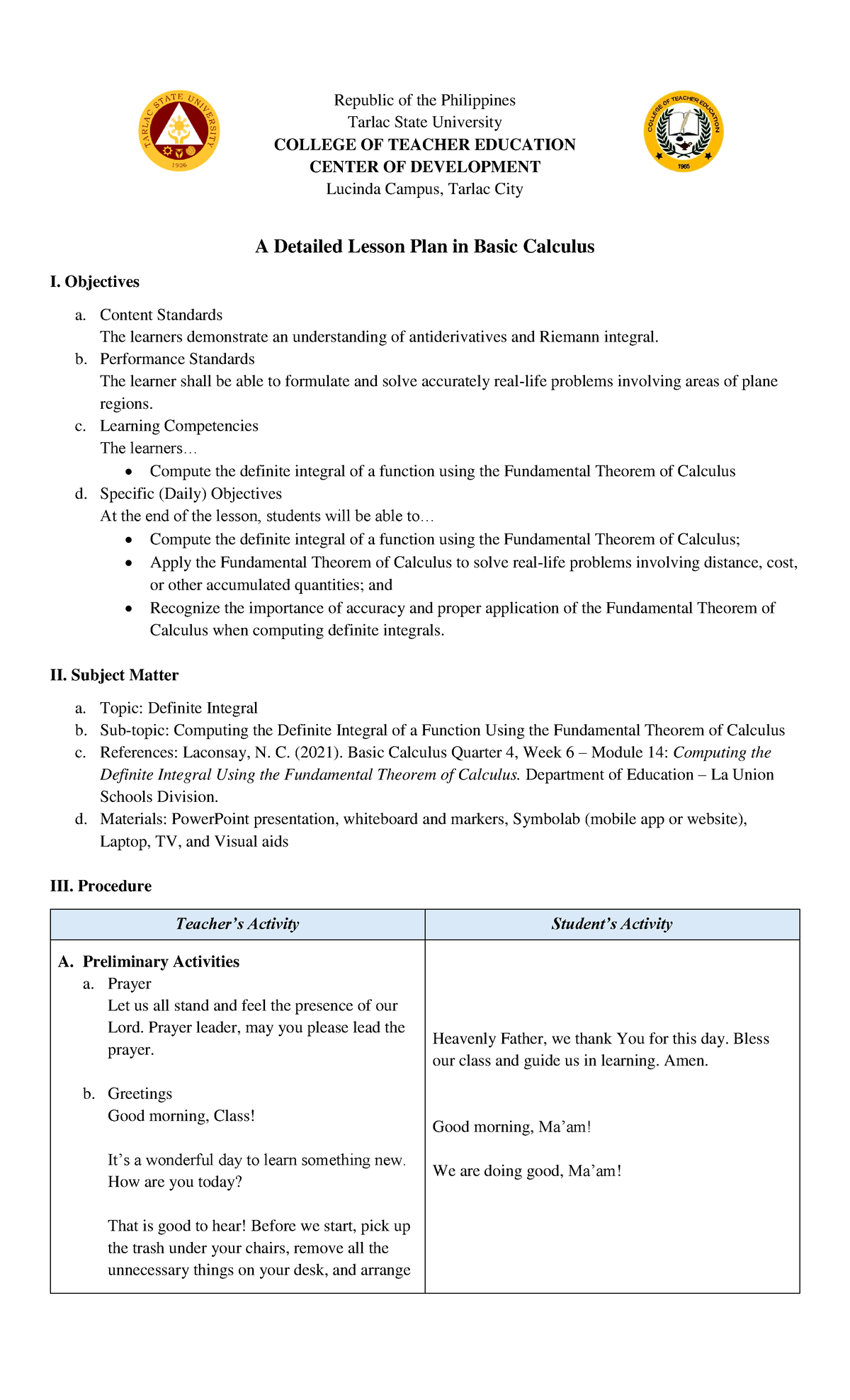 Detailed Lesson Plan: Basic Calculus I - Definite Integrals (EDUC 101 ...