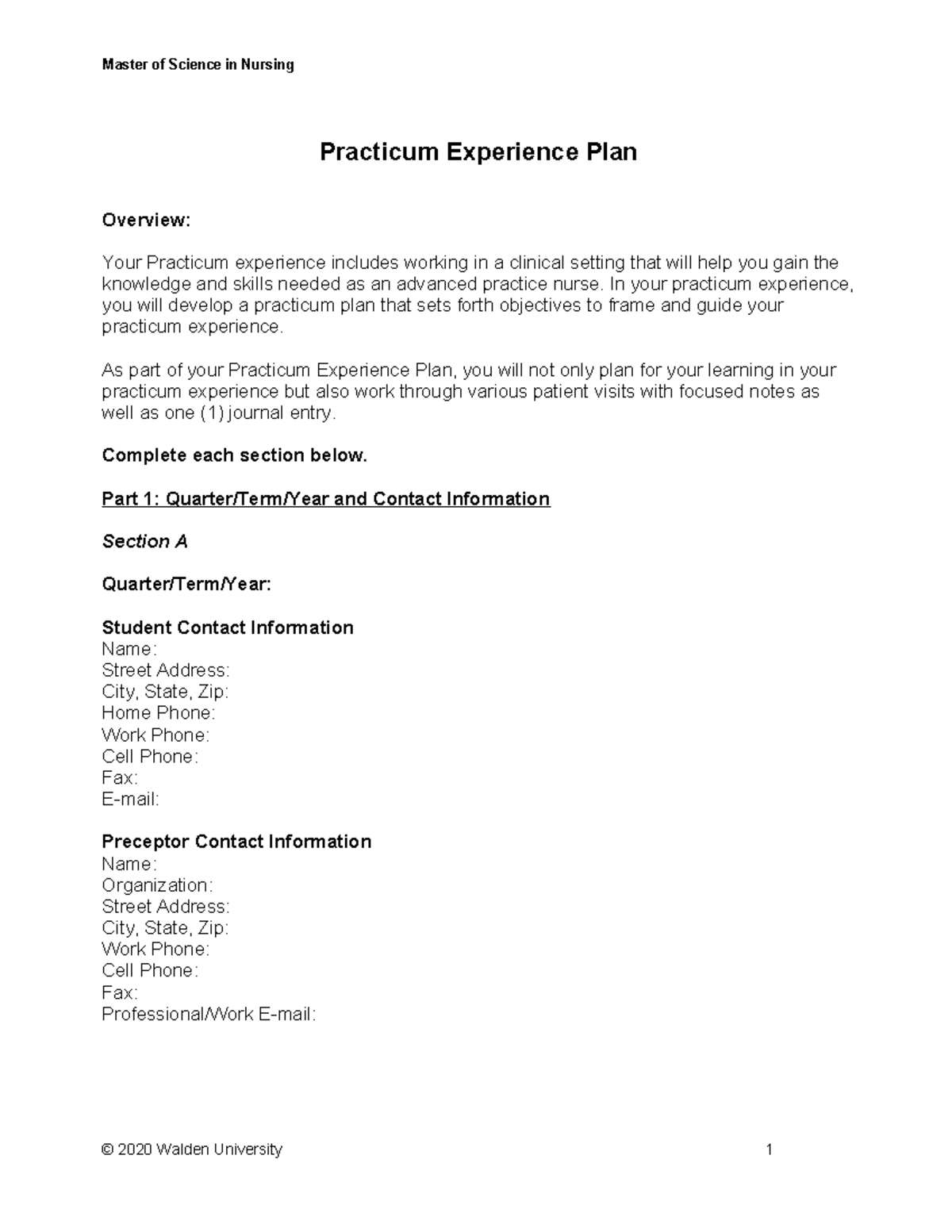 Practicum Experience Plan - Practicum Experience Plan Overview: Your ...