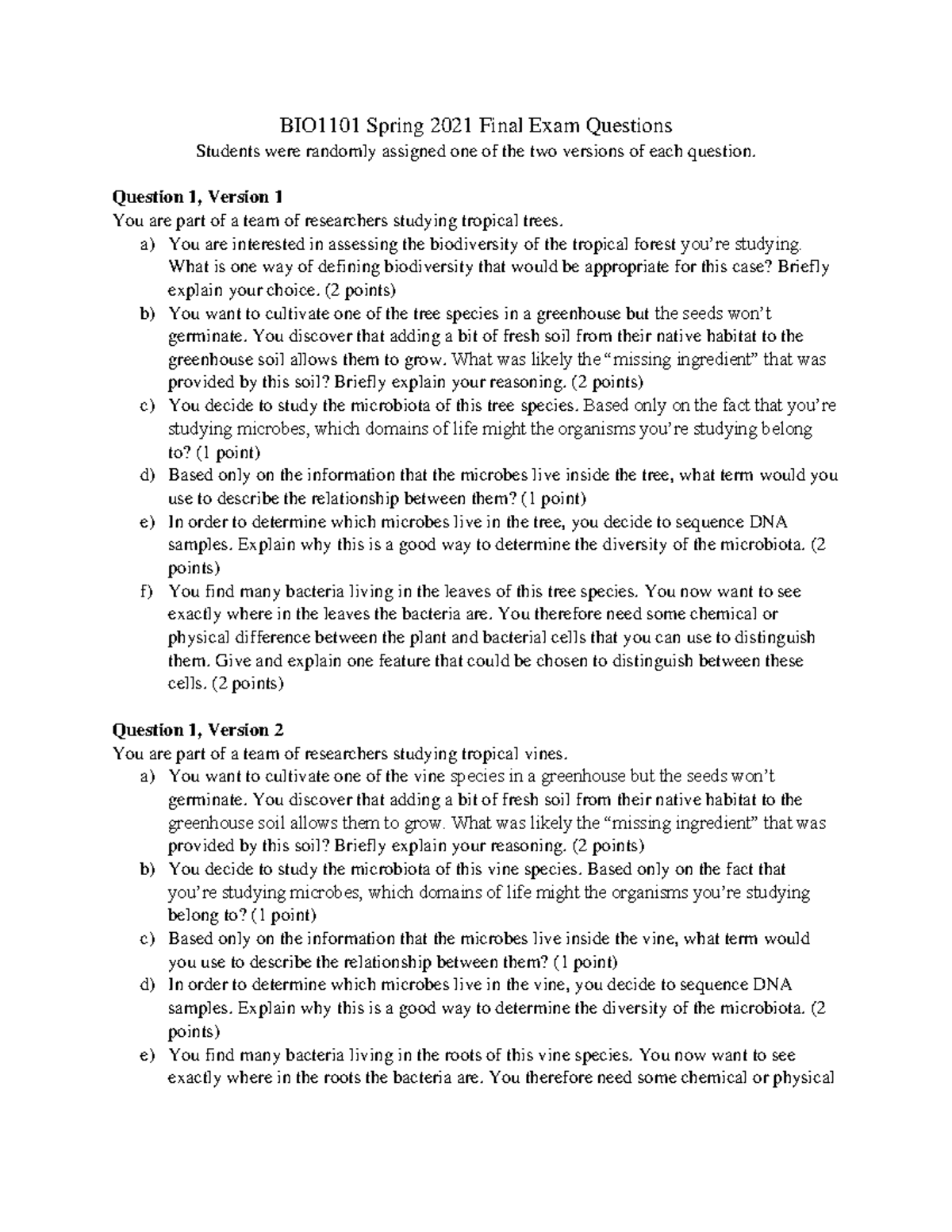BIO1101S21 Final Exam Question Set for Spring 2021 - Studeersnel