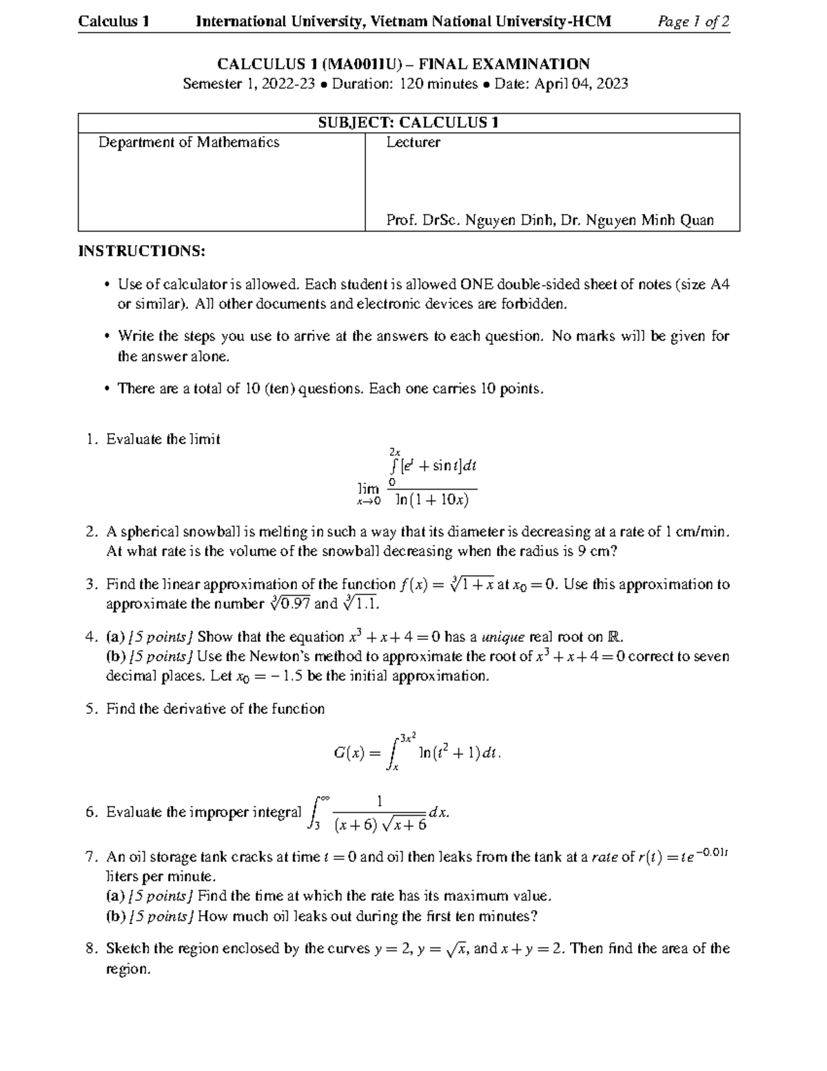 Cal1 Final S 1 March 2023 Questions - Calculus 1 International ...