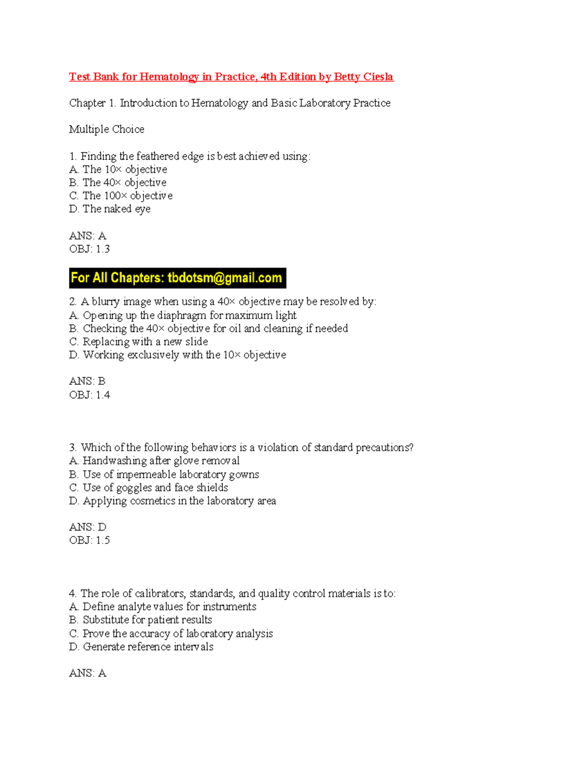Test Bank for Hematology in Practice (4th Ed) - Chapter 1 MCQs - Studocu