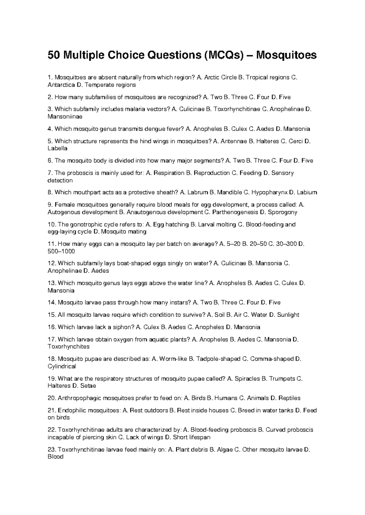 Mosquitoes: 50 MCQs with Answers for Study Review - Studocu