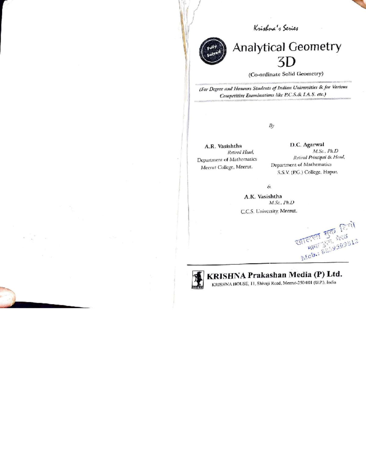 Analytic Geometry - Fully Solved Krishna Series for 3D Solid Geometry ...