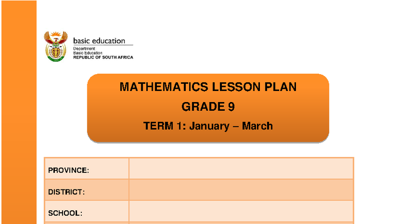 MATHEMATICS GRADE 9 TERM 1 LESSON PLAN: ALGEBRAIC EXPRESSIONS - Studocu