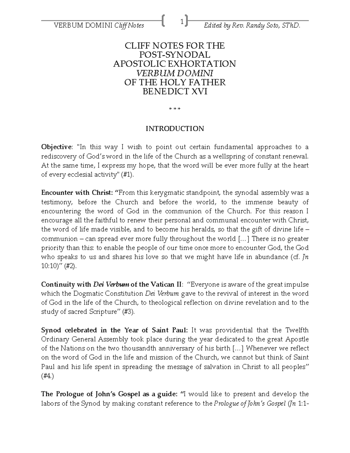 Cliff Notes: Verbum Domini (Post-Synodal Apostolic Exhortation) - Studocu