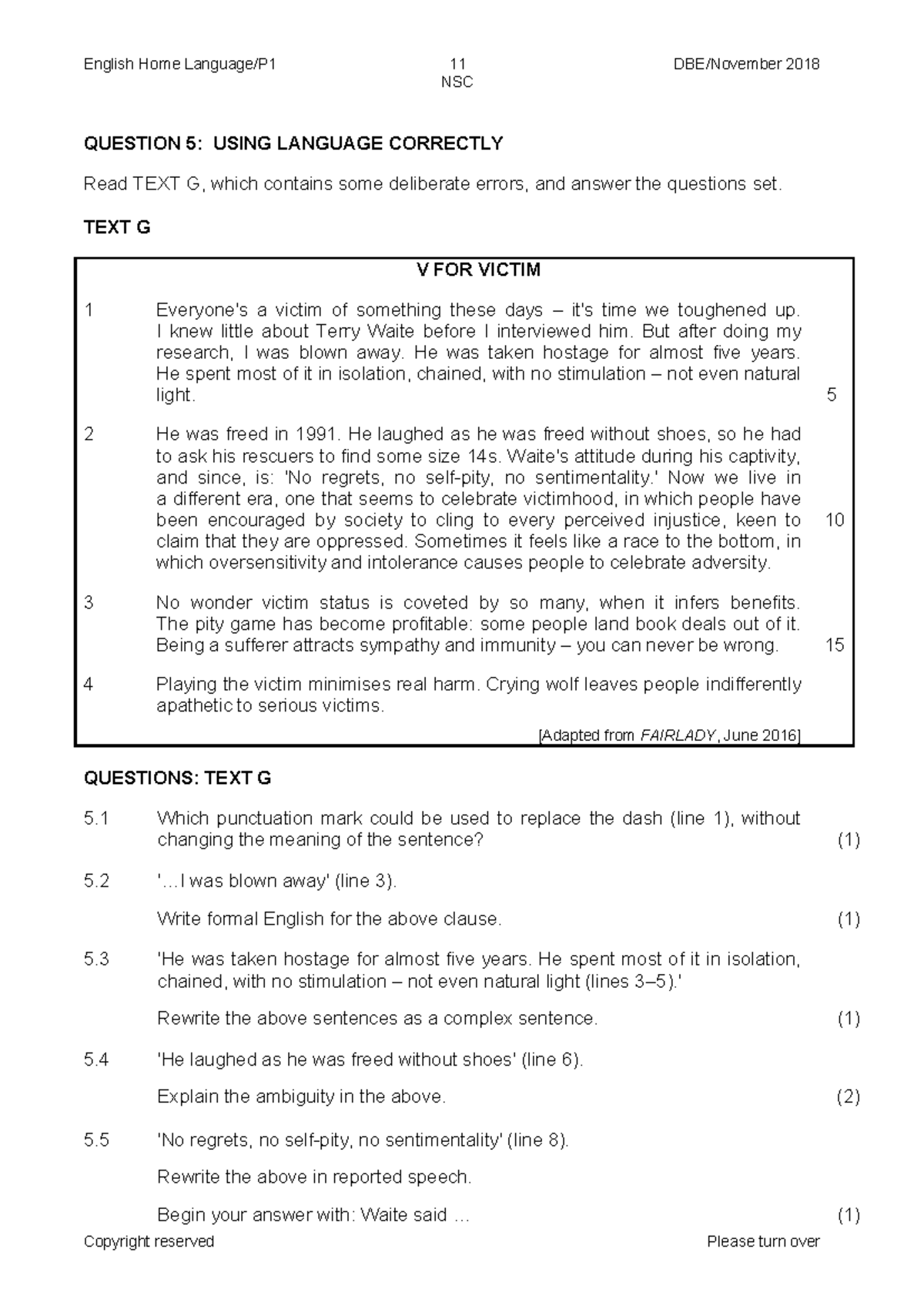 NOV 2018 QP - English Home Language P1 Past Paper Analysis - Studocu