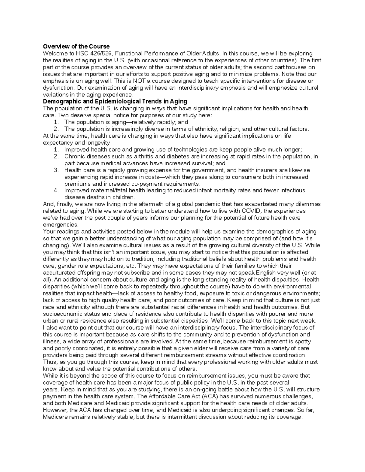 HSC 101: Overview of Aging & Health Care in Older Adults - Week 1 Notes ...