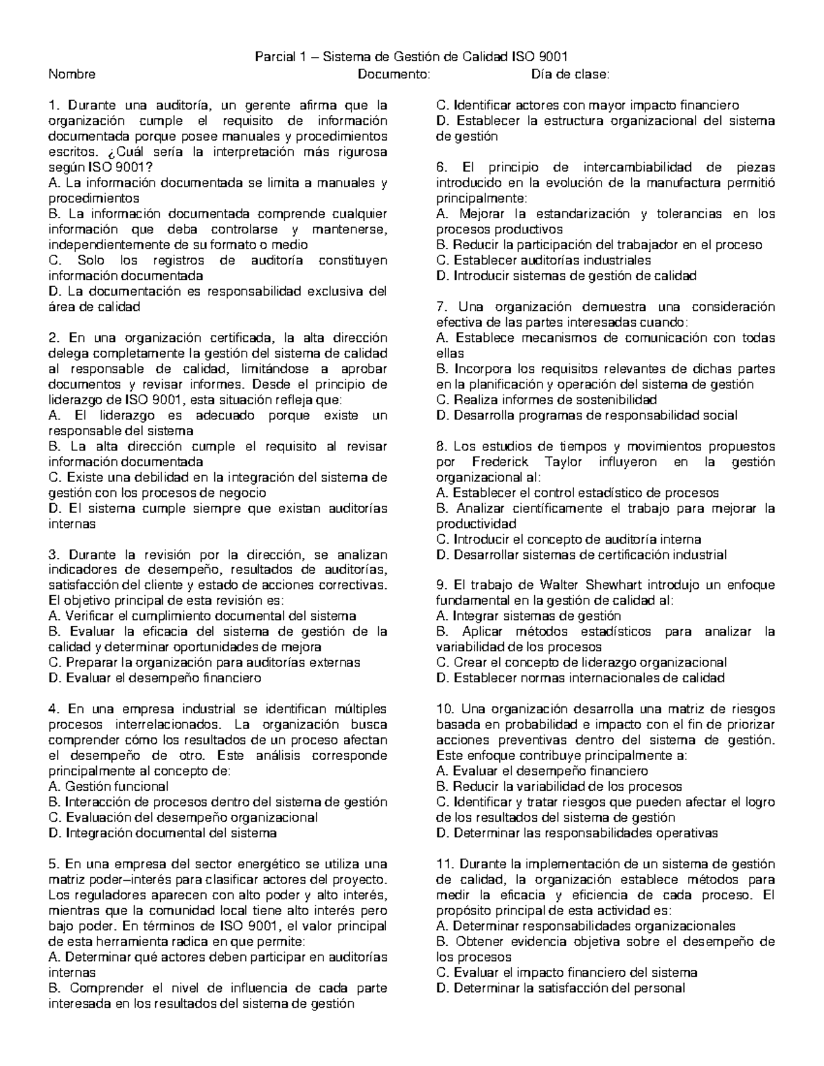 Examen Parcial 1 ISO 9001: Sistema de Gestión de Calidad - Studocu