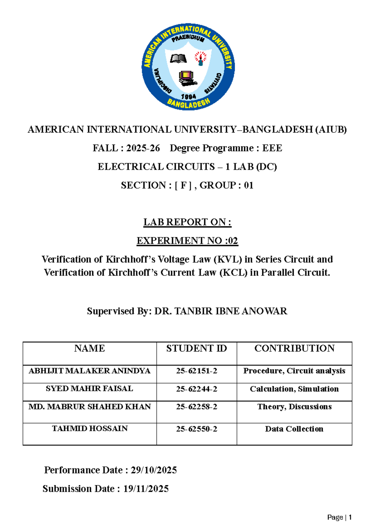 Lab Report on KVL and KCL Verification in DC Circuits (ECL 101) - Studocu