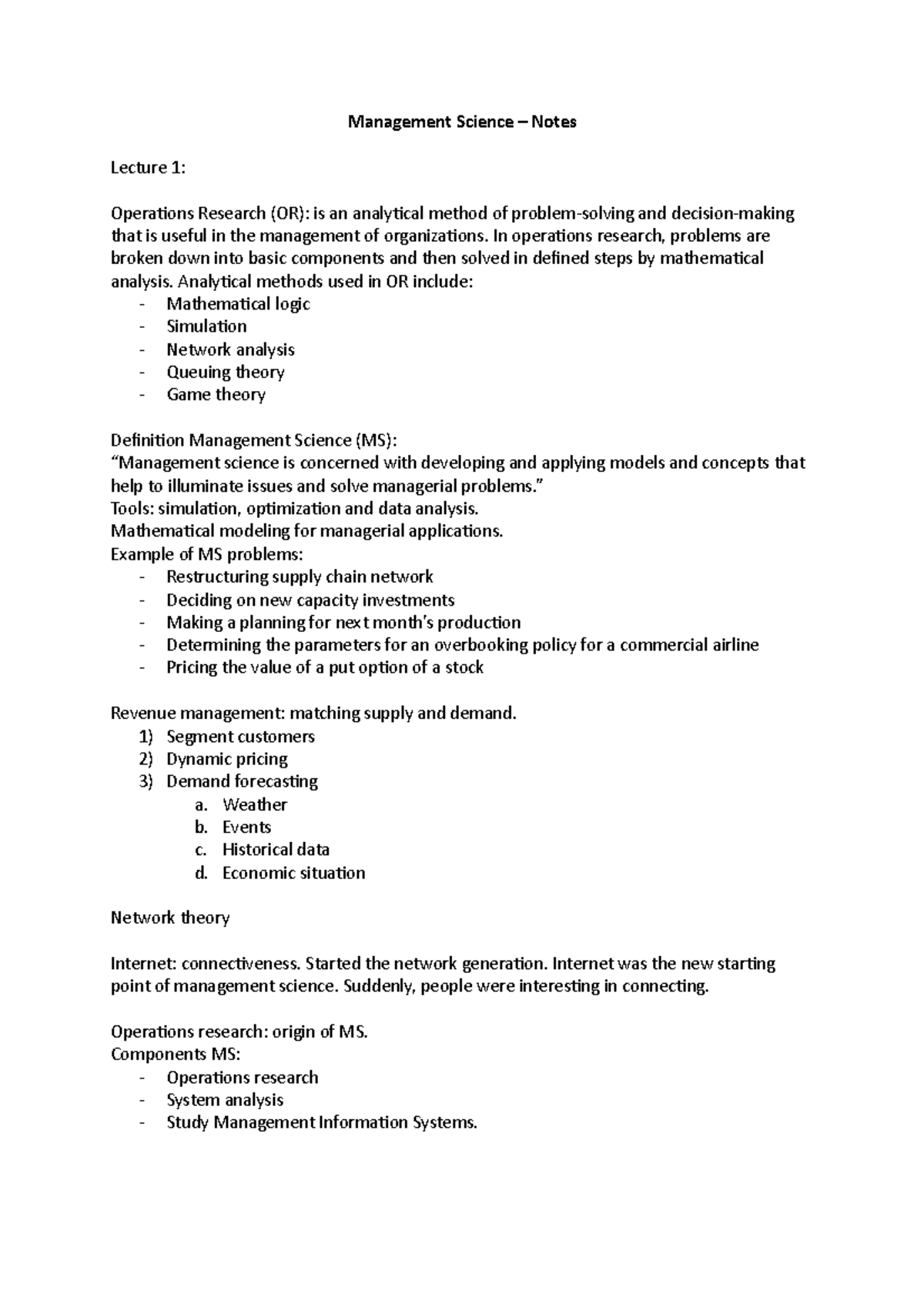 Management Science (MS) - Comprehensive Lecture Notes - Studeersnel