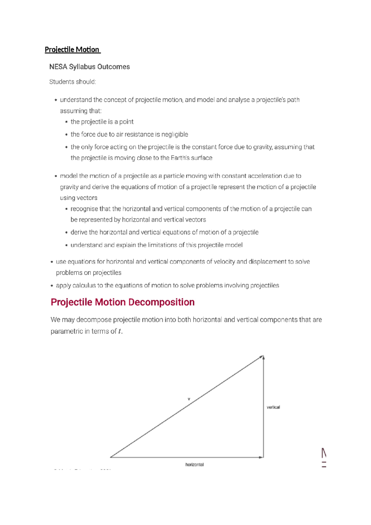 Projectile Motion Analysis Notes - NESA Outcomes - Studocu