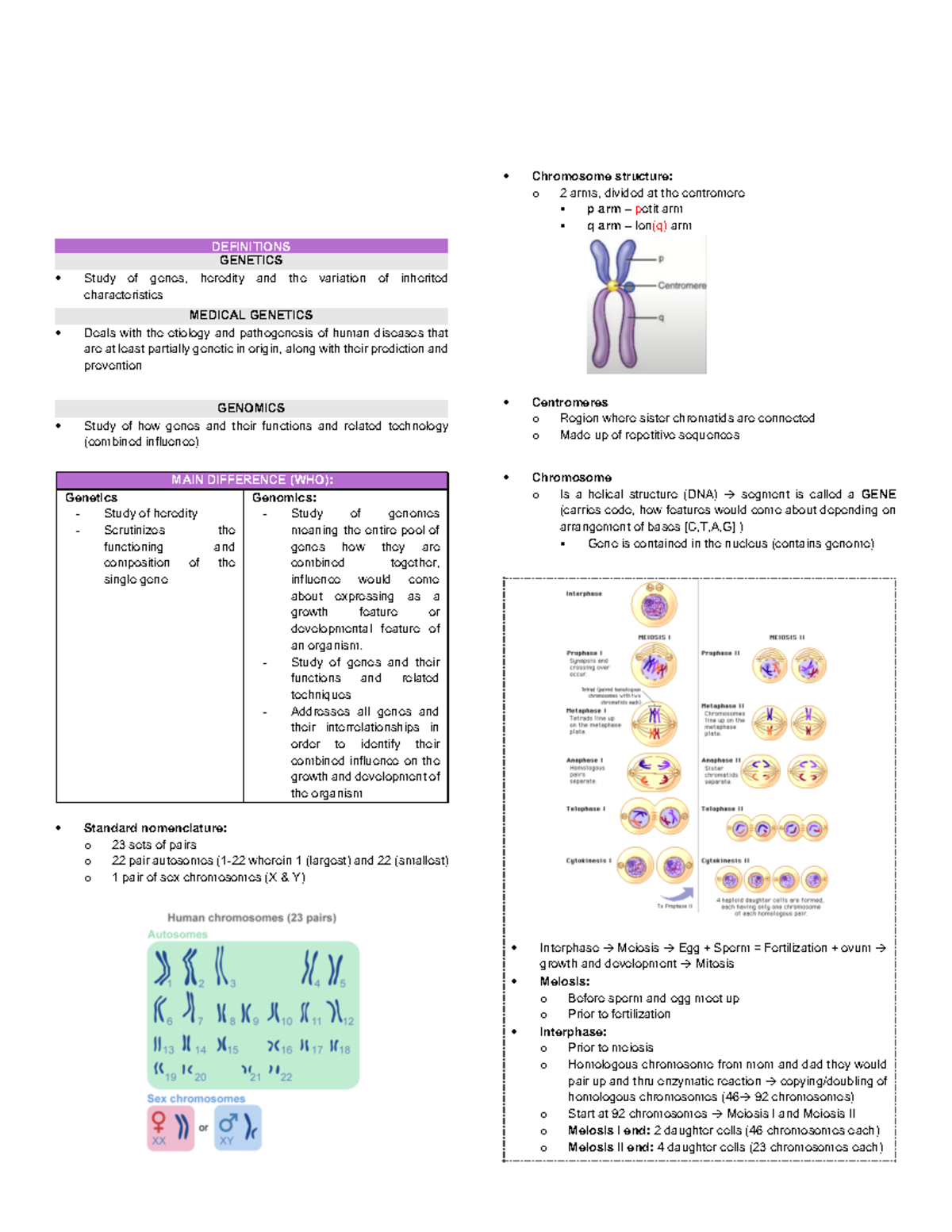 Genetics - Phys OB Genetics - Lecture Notes (Midterms) 1-3 - Studocu