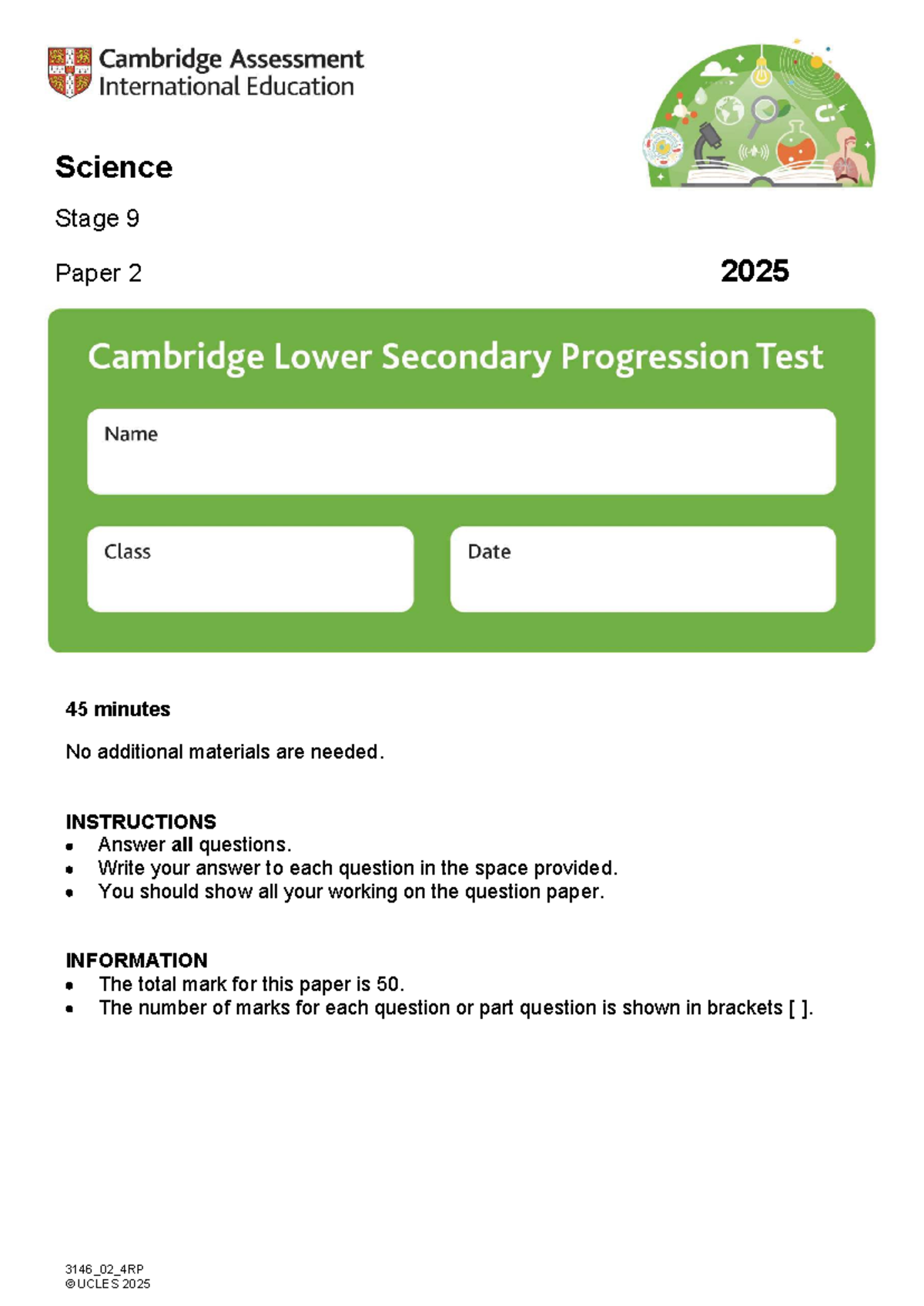 Science Stage 9 Paper 2 Past Progression Test 2025 - Studocu