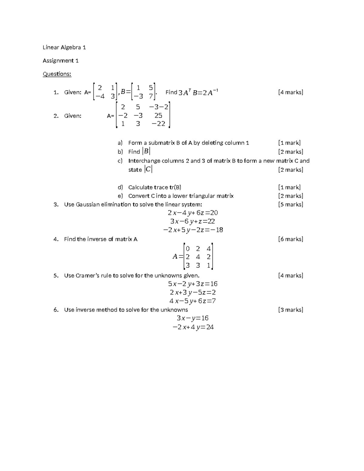 Linear Ass 1 - Assignment 1 - Linear Algebra 1 Assignment 1 Questions ...