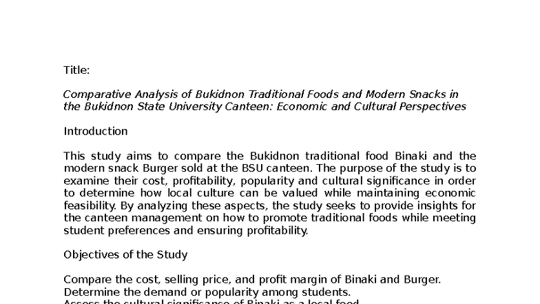 Comparative Analysis Sample - Title: Comparative Analysis of Bukidnon ...