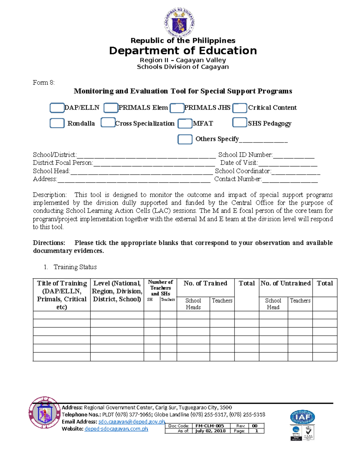Monitoring and Evaluation Tool for Special Support Programs Form 8 ...