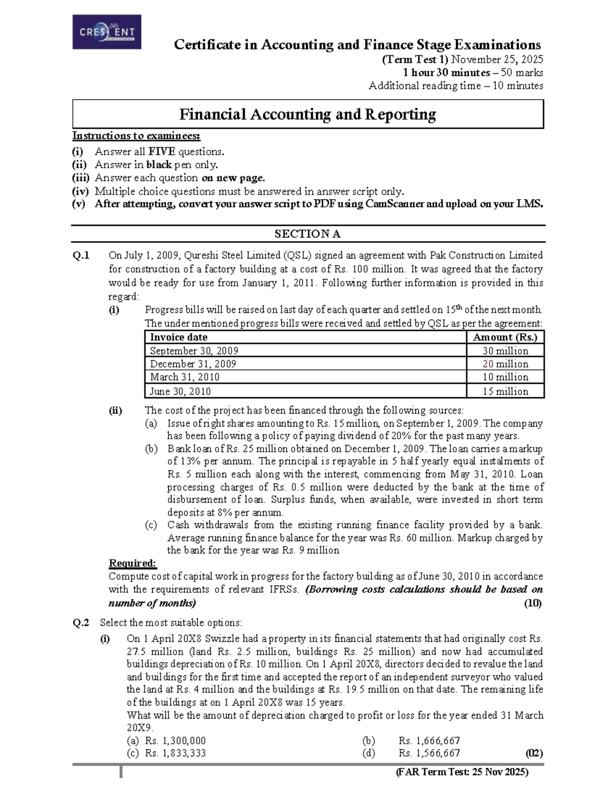 FAR Term Test 1: Financial Accounting and Reporting - November 25, 2025 ...