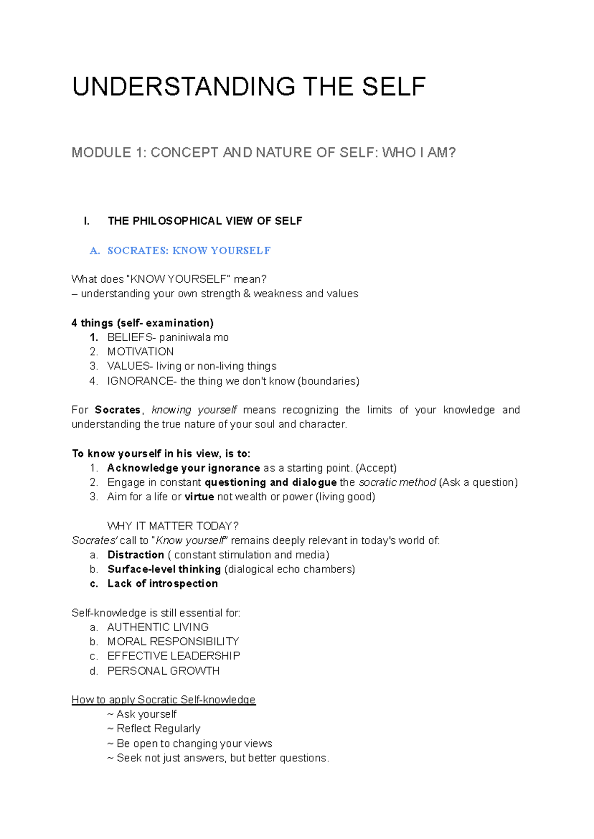 Understanding the Self: Philosophical Perspectives (Module 1) - Studocu